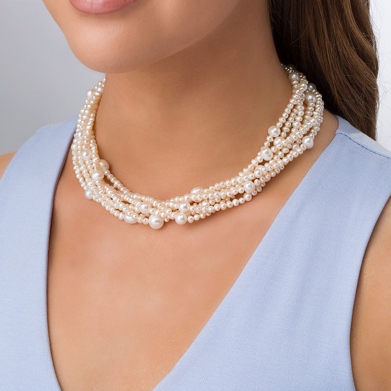 Main Image 2 of 3.0-10.0mm Baroque Freshwater Cultured Pearl Multi-Strand Necklace with Sterling Silver Clasp-17.5"