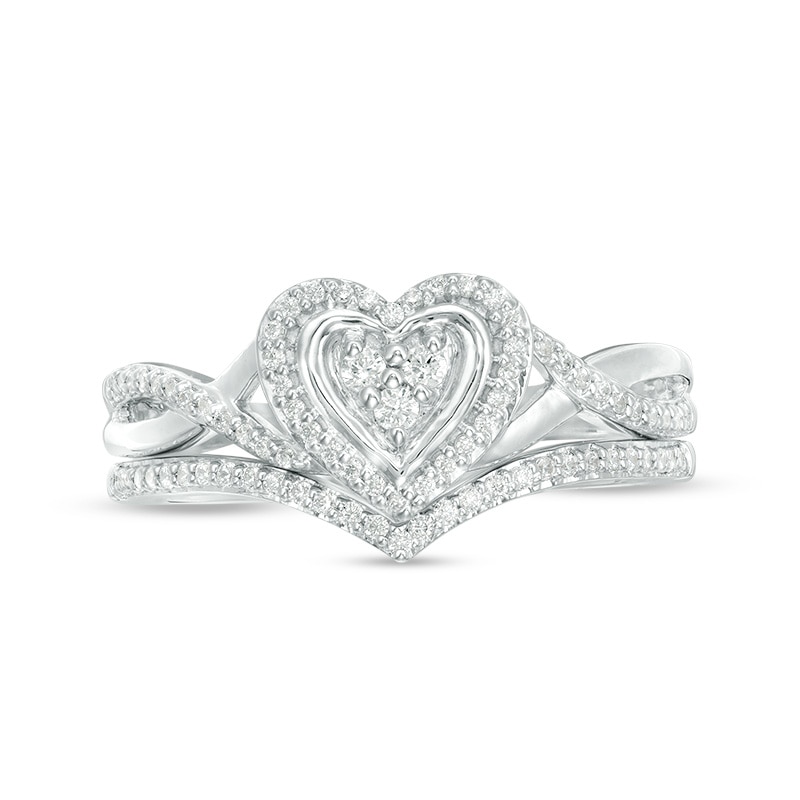 Main Image 6 of 1/5 CT. T.W. Diamond Heart Frame Twist Bridal Set in 10K White Gold
