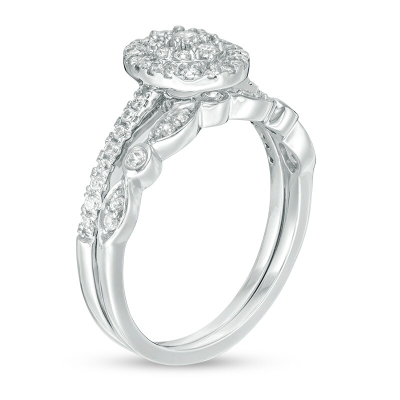 Main Image 2 of 1/2 CT. T.W. Composite Oval Diamond Double Frame Bridal Set in 10K White Gold