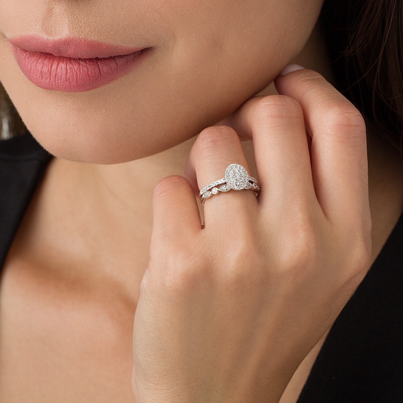 Main Image 3 of 1/2 CT. T.W. Composite Oval Diamond Double Frame Bridal Set in 10K White Gold