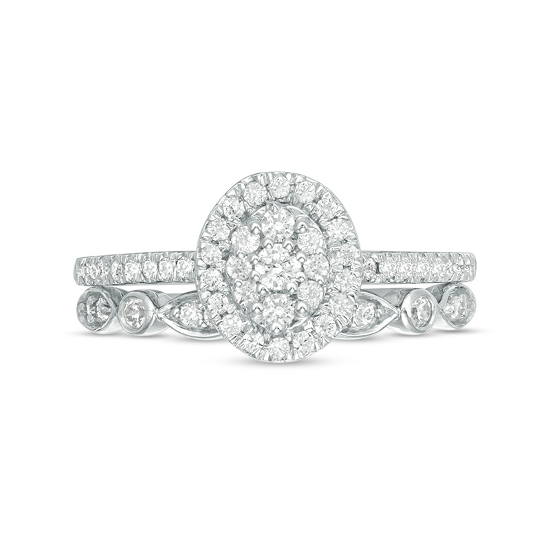 Main Image 6 of 1/2 CT. T.W. Composite Oval Diamond Double Frame Bridal Set in 10K White Gold