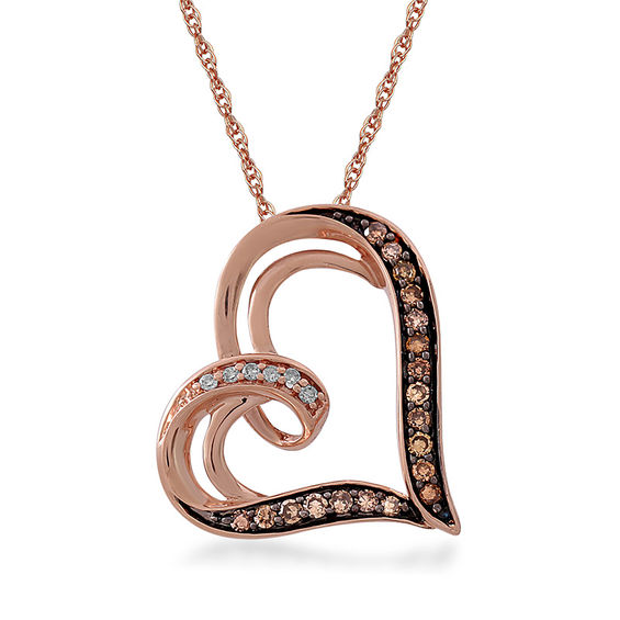 1/5 CT. T.w. Champagne and White Diamond Tilted Looped Heart Pendant in 10K Rose Gold