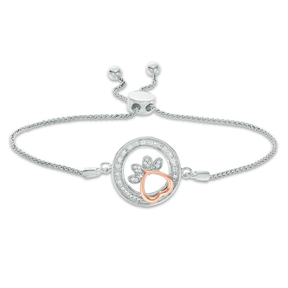 1/15 CT. T.w. Diamond Open Circle Paw Print Bolo Bracelet in Sterling Silver and 10K Rose Gold - 9.5"