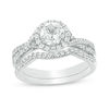 Thumbnail Image 1 of 6.0mm Lab-Created White Sapphire Frame Criss-Cross Shank Bridal Set in Sterling Silver