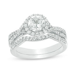 6.0mm Lab-Created White Sapphire Frame Criss-Cross Shank Bridal Set in Sterling Silver