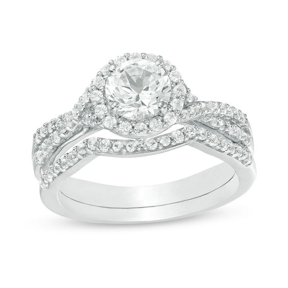 6.0mm Lab-Created White Sapphire Frame Criss-Cross Shank Bridal Set in Sterling Silver 6.0mm Lab-Created White Sapphire Frame Criss-Cross Shank Bridal Set in Sterling Silver