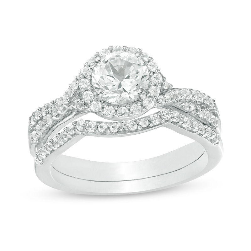 Main Image 1 of 6.0mm Lab-Created White Sapphire Frame Criss-Cross Shank Bridal Set in Sterling Silver