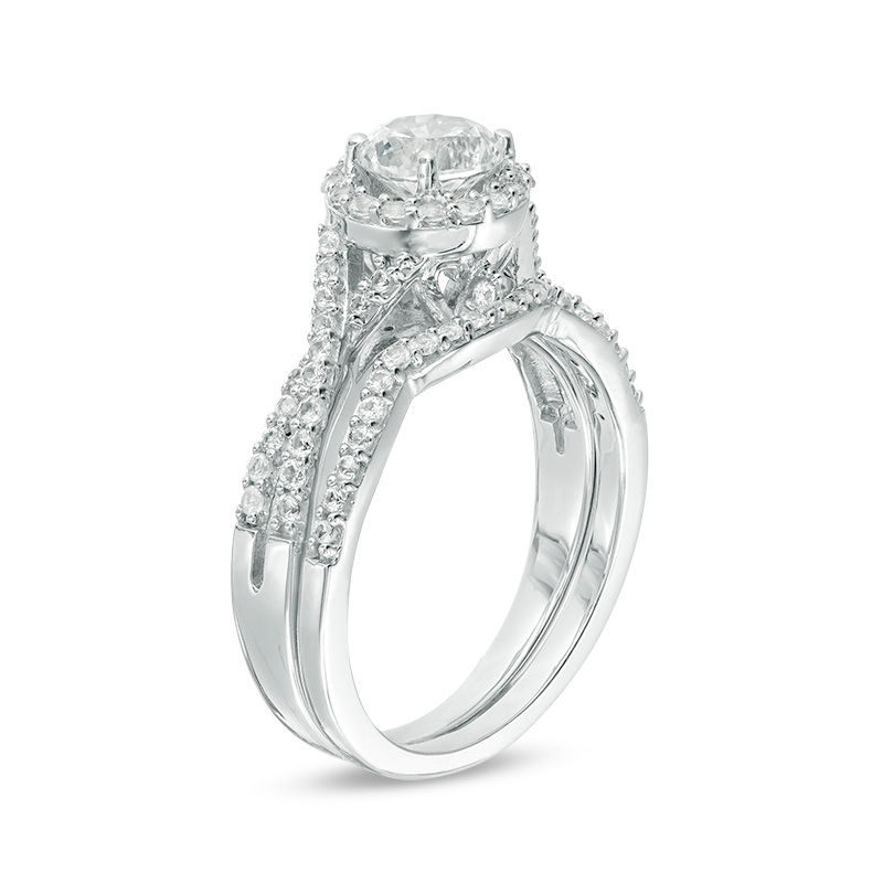 Main Image 2 of 6.0mm Lab-Created White Sapphire Frame Criss-Cross Shank Bridal Set in Sterling Silver