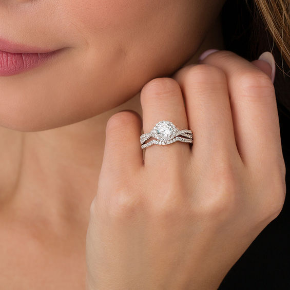 6.0mm Lab-Created White Sapphire Frame Criss-Cross Shank Bridal Set in Sterling Silver