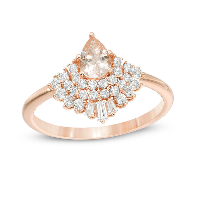Main Image 1 of Pear-Shaped Morganite and Lab-Created White Sapphire Fan Ring in 10K Rose Gold