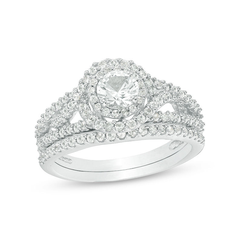 Main Image 1 of 5.0mm Lab-Created White Sapphire Frame Bypass Swirl Split Shank Bridal Set in Sterling Silver