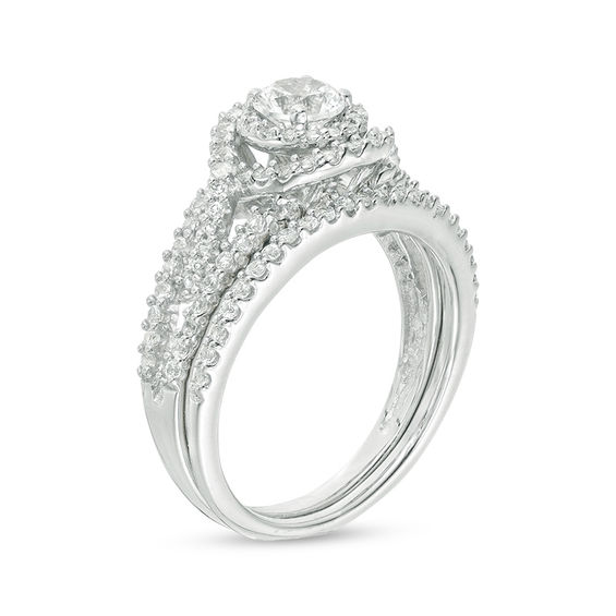 5.0mm Lab-Created White Sapphire Frame Bypass Swirl Split Shank Bridal Set in Sterling Silver
