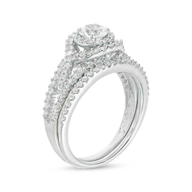 Main Image 2 of 5.0mm Lab-Created White Sapphire Frame Bypass Swirl Split Shank Bridal Set in Sterling Silver
