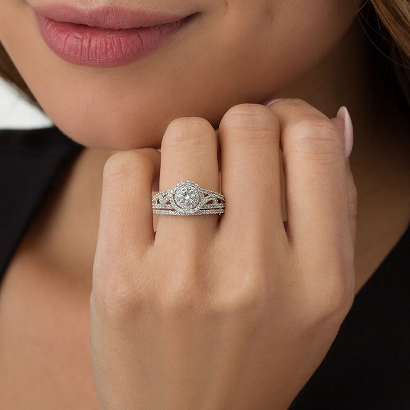 Main Image 3 of 5.0mm Lab-Created White Sapphire Frame Bypass Swirl Split Shank Bridal Set in Sterling Silver