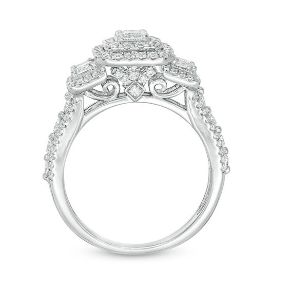 1-1/2 CT. T.w. Emerald-Cut Diamond Past Present Future® Double Frame Vintage-Style Engagement Ring in 14K White Gold