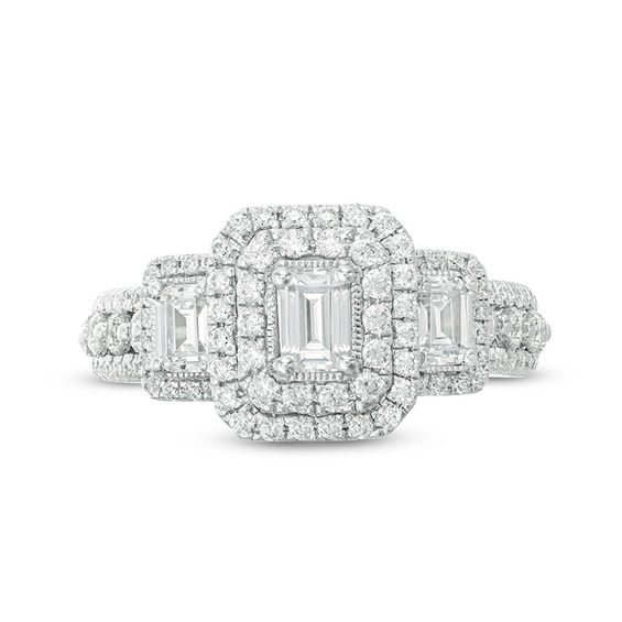 1-1/2 CT. T.w. Emerald-Cut Diamond Past Present Future® Double Frame Vintage-Style Engagement Ring in 14K White Gold