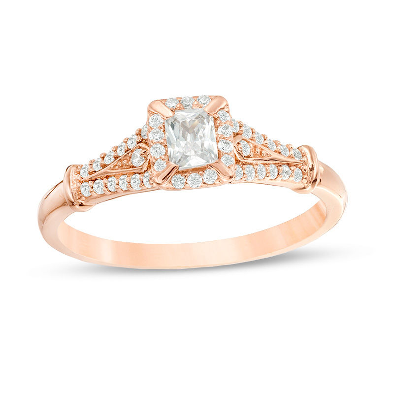 Main Image 1 of 1/3 CT. T.W. Emerald-Cut Diamond Frame Collar Engagement Ring in 14K Rose Gold