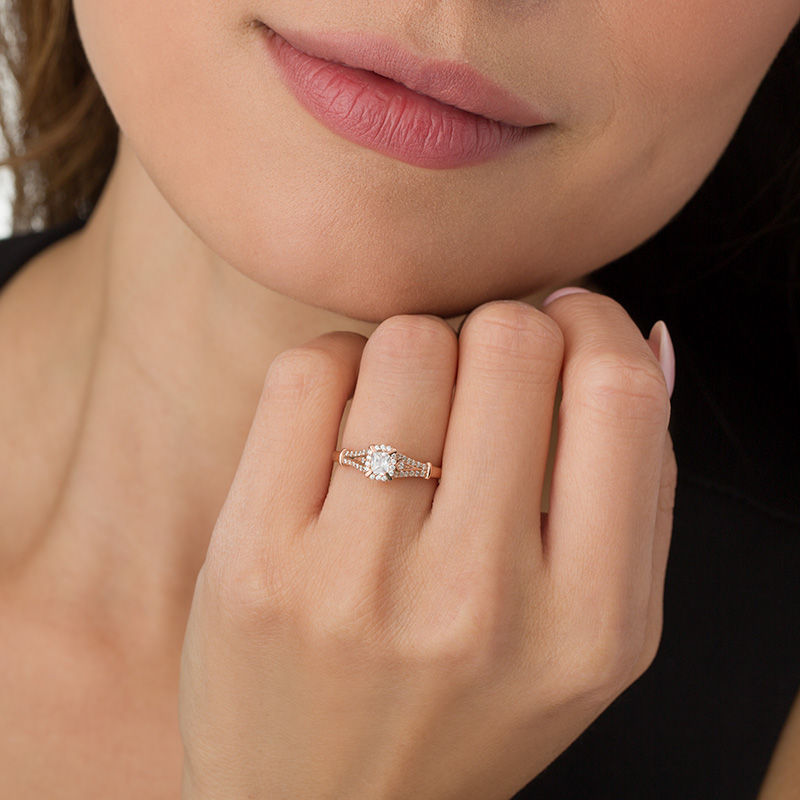Main Image 2 of 1/3 CT. T.W. Emerald-Cut Diamond Frame Collar Engagement Ring in 14K Rose Gold