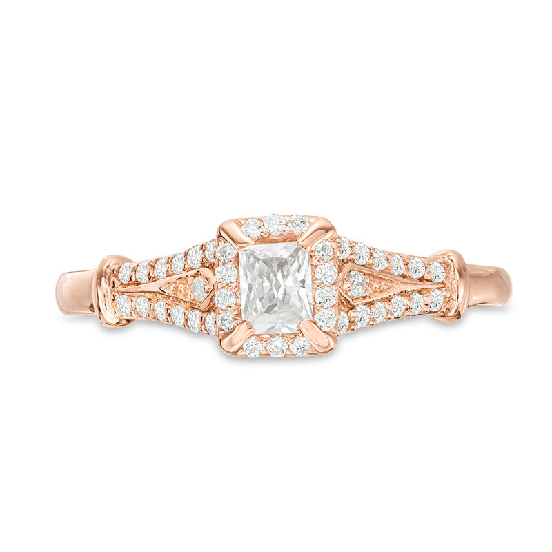 Main Image 5 of 1/3 CT. T.W. Emerald-Cut Diamond Frame Collar Engagement Ring in 14K Rose Gold