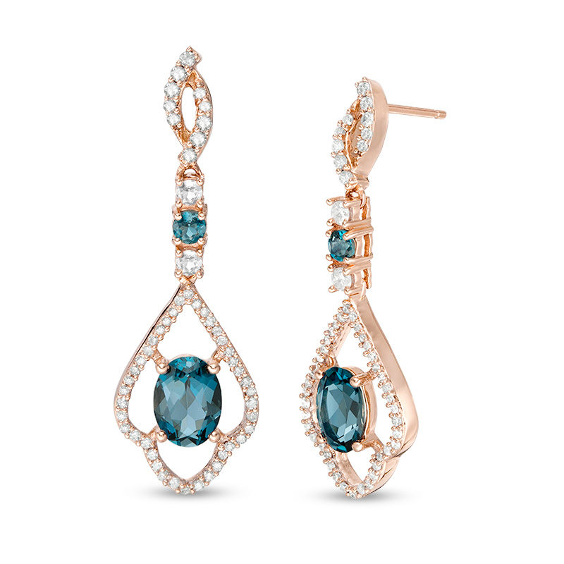 Main Image 1 of Oval London Blue Topaz and 3/8 CT. T.W. Diamond Scallop Frame Drop Earrings in 10K Rose Gold