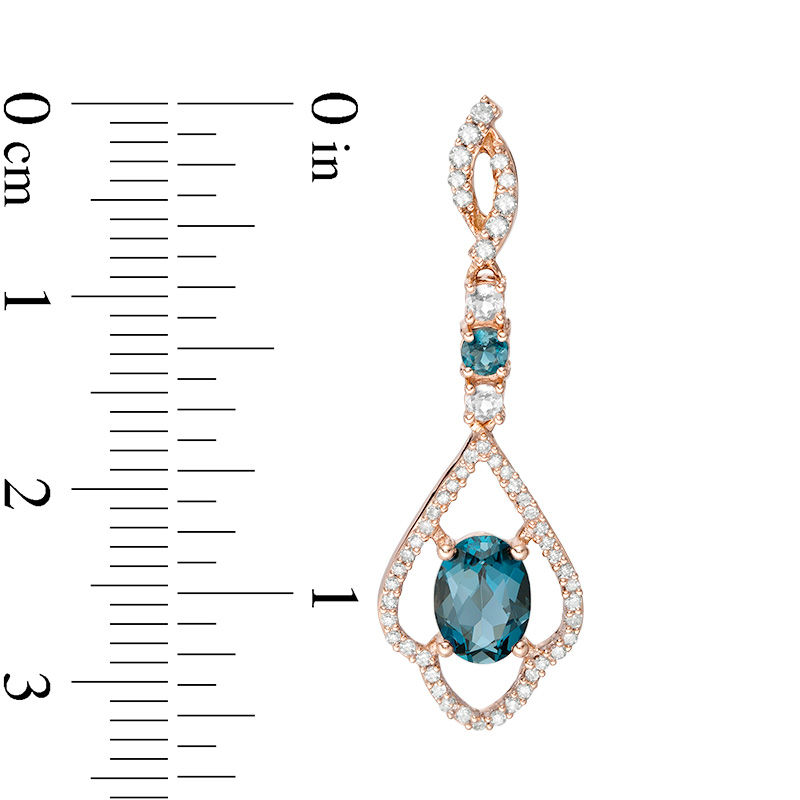 Main Image 2 of Oval London Blue Topaz and 3/8 CT. T.W. Diamond Scallop Frame Drop Earrings in 10K Rose Gold