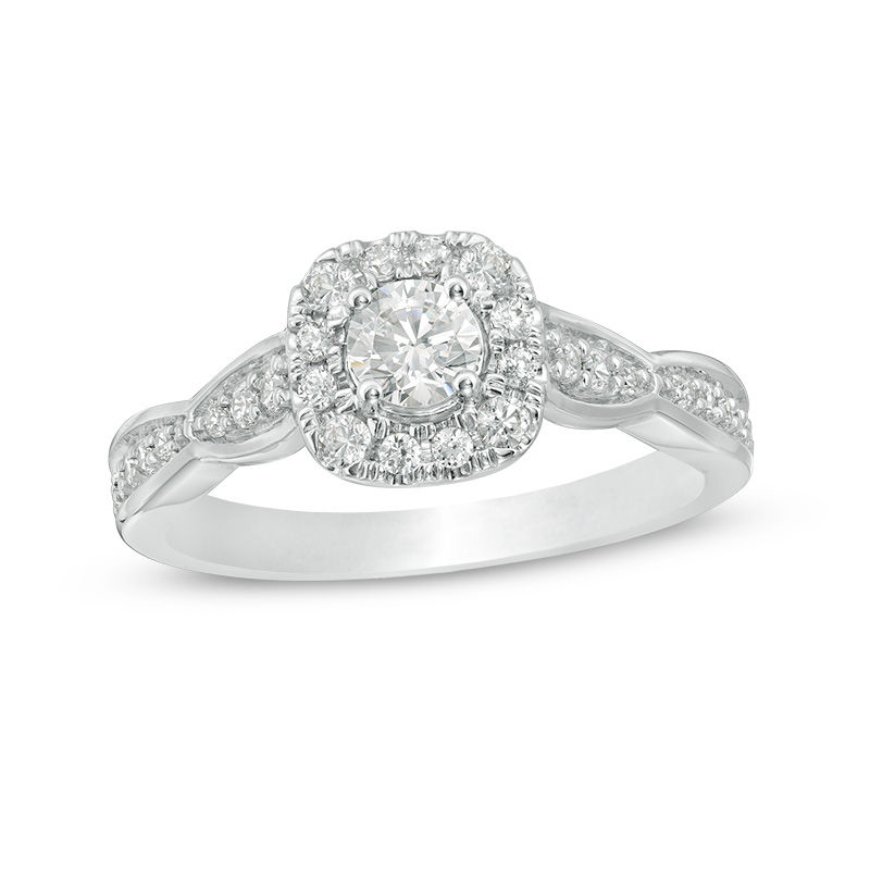 Main Image 1 of Love's Destiny by Zales 3/4 CT. T.W. Certified Diamond Cushion Frame Engagement Ring in 14K White Gold (I/I1)