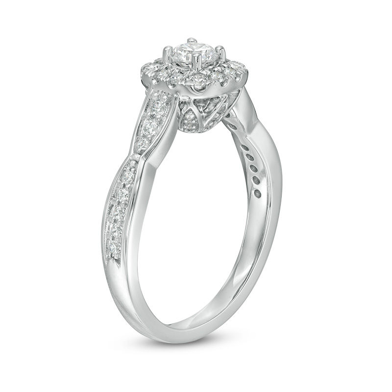 Main Image 2 of Love's Destiny by Zales 3/4 CT. T.W. Certified Diamond Cushion Frame Engagement Ring in 14K White Gold (I/I1)