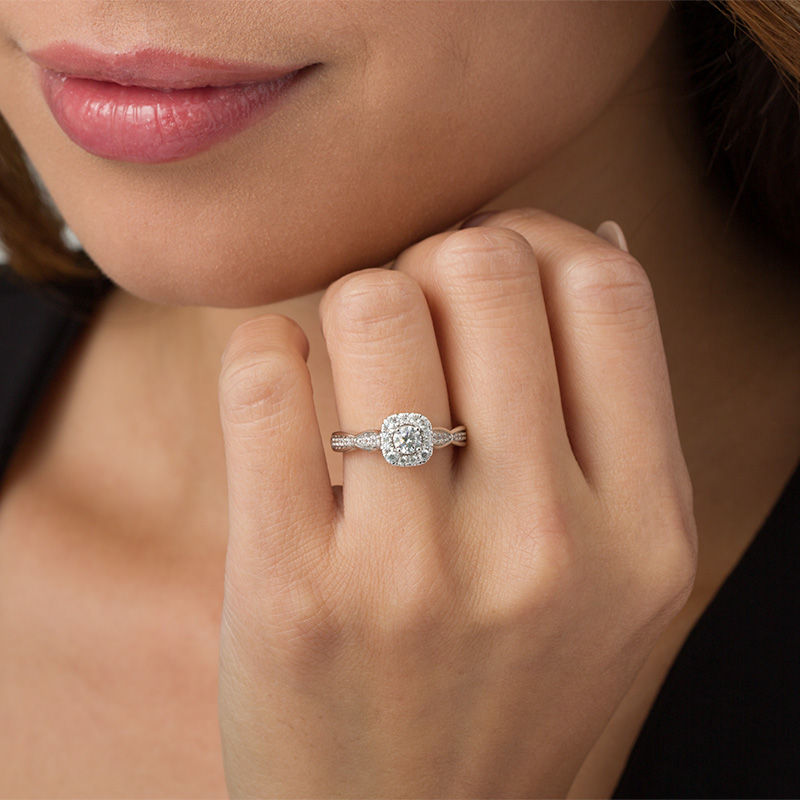 Main Image 3 of Love's Destiny by Zales 3/4 CT. T.W. Certified Diamond Cushion Frame Engagement Ring in 14K White Gold (I/I1)