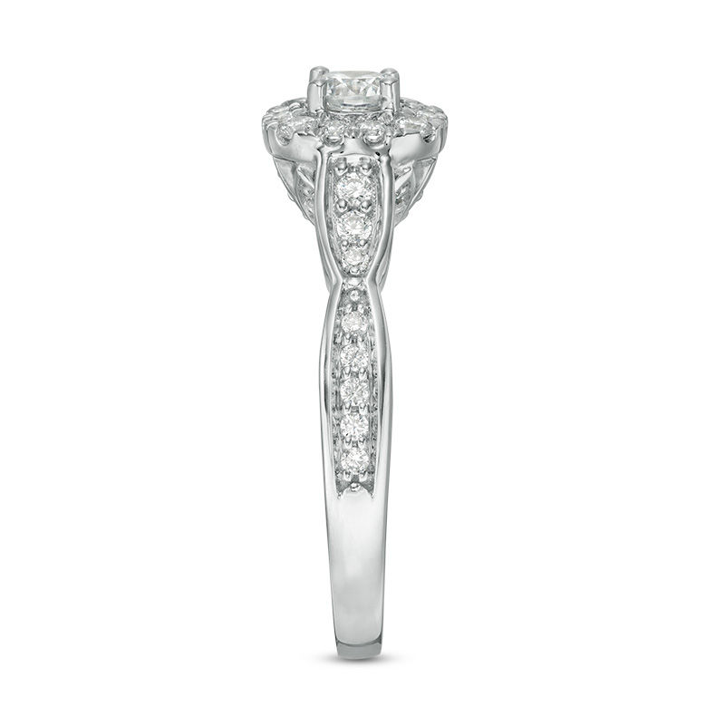 Main Image 4 of Love's Destiny by Zales 3/4 CT. T.W. Certified Diamond Cushion Frame Engagement Ring in 14K White Gold (I/I1)