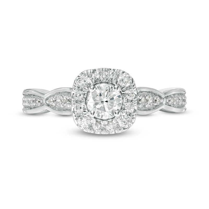Main Image 6 of Love's Destiny by Zales 3/4 CT. T.W. Certified Diamond Cushion Frame Engagement Ring in 14K White Gold (I/I1)