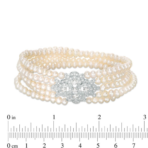 Freshwater Cultured Pearl and Lab-Created White Sapphire Vintage-Style Stretch Bracelet in Sterling Silver-7.5"