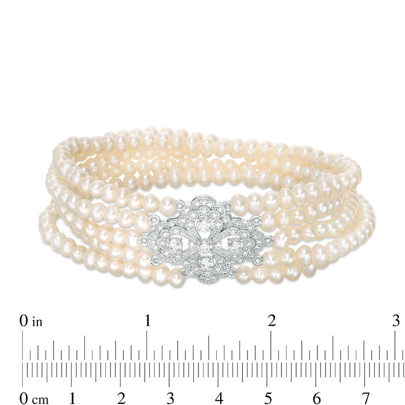 Main Image 2 of Freshwater Cultured Pearl and Lab-Created White Sapphire Vintage-Style Stretch Bracelet in Sterling Silver-7.5"
