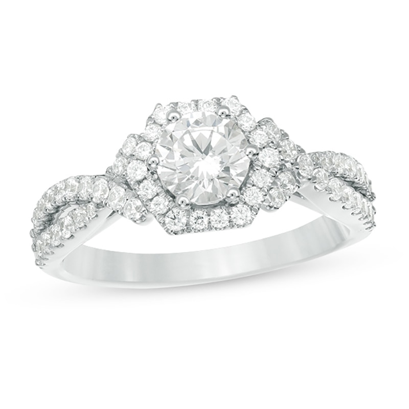 Main Image 1 of 1-1/4 CT. T.W. Diamond Hexagon Frame Crossover Shank Engagement Ring in 14K White Gold
