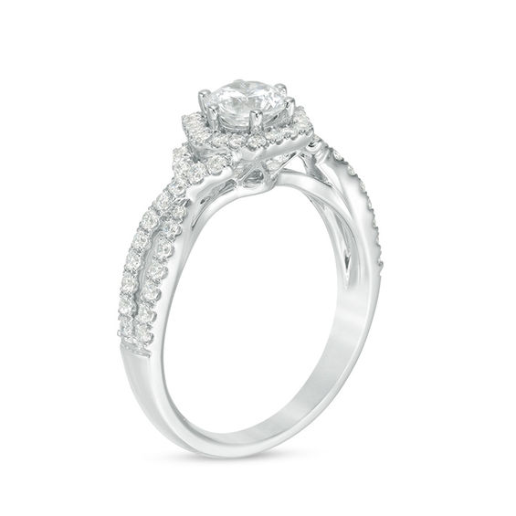 1-1/4 CT. T.w. Diamond Hexagon Frame Crossover Shank Engagement Ring in 14K White Gold