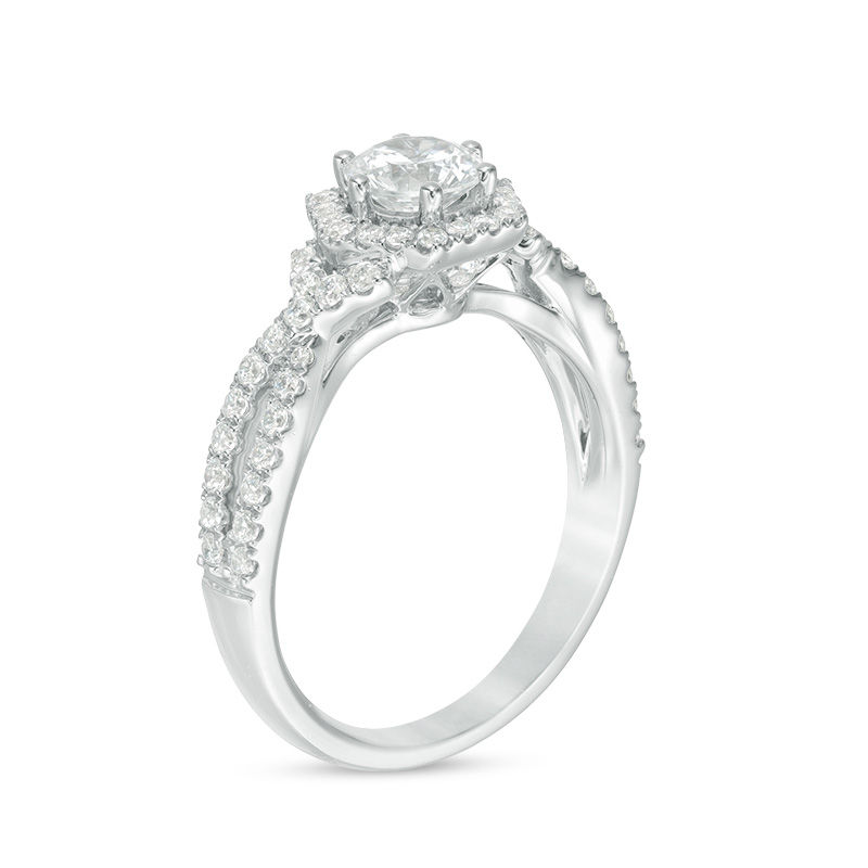Main Image 2 of 1-1/4 CT. T.W. Diamond Hexagon Frame Crossover Shank Engagement Ring in 14K White Gold