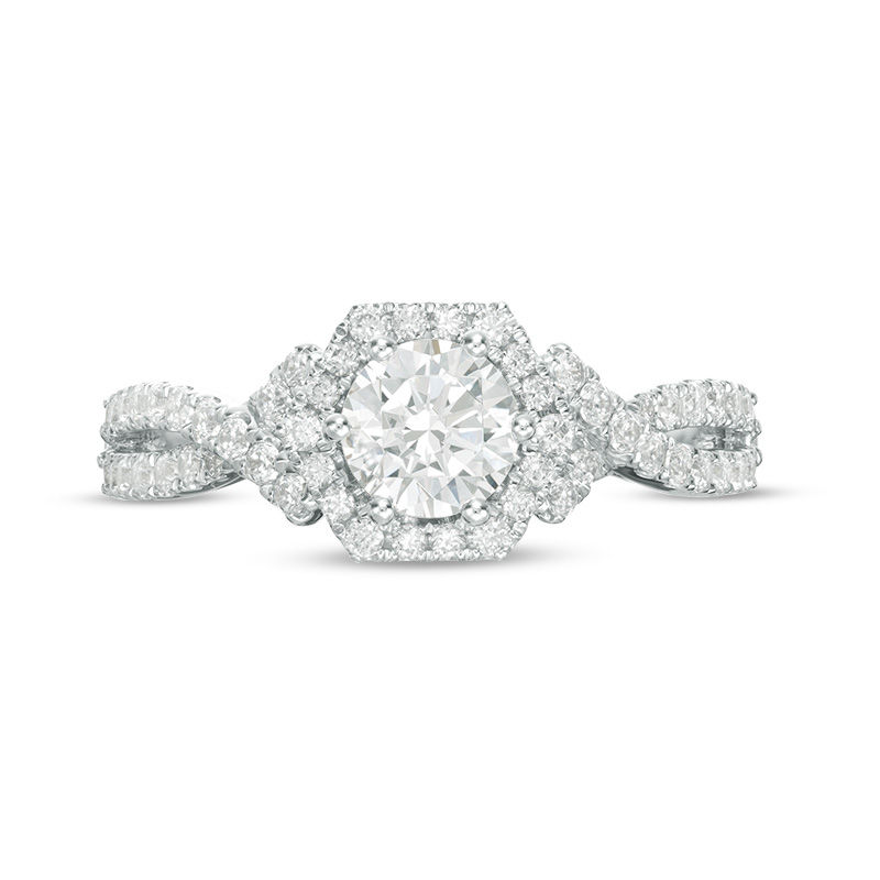 Main Image 5 of 1-1/4 CT. T.W. Diamond Hexagon Frame Crossover Shank Engagement Ring in 14K White Gold