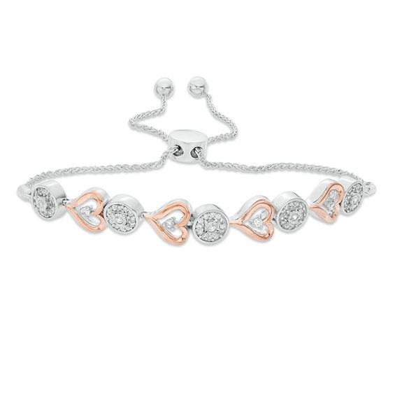 3/8 CT. T.w. Diamond Alternating Circle and Sideways Heart Bolo Bracelet in Sterling Silver and 10K Rose Gold - 9.5"