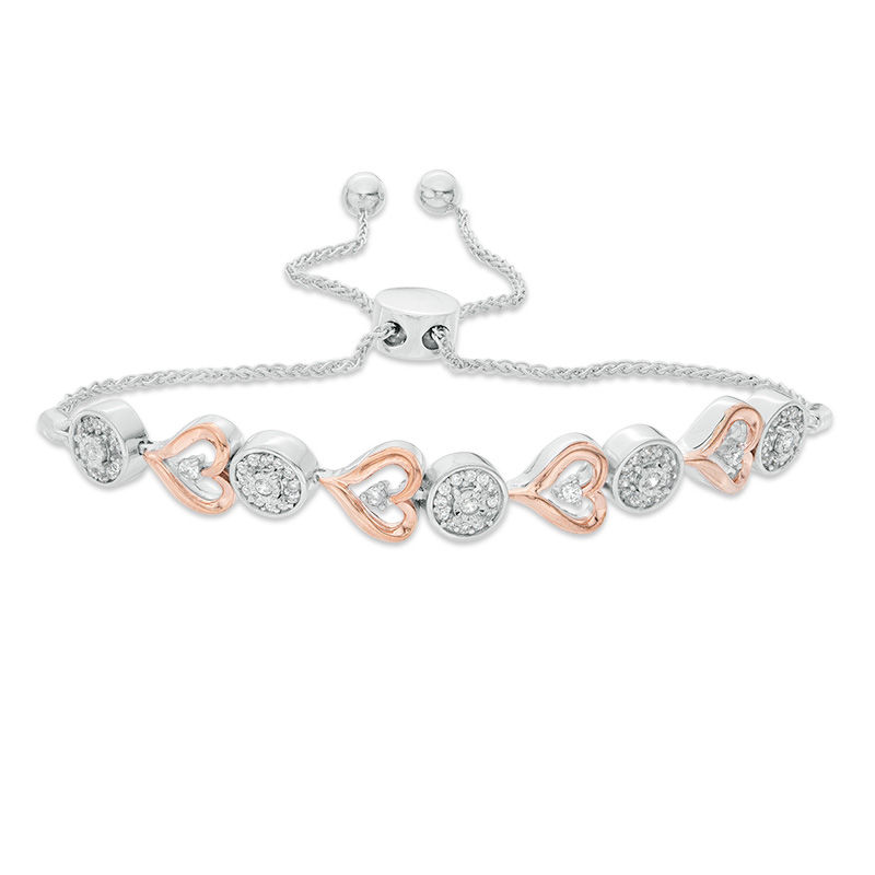 Main Image 1 of 3/8 CT. T.W. Diamond Alternating Circle and Sideways Heart Bolo Bracelet in Sterling Silver and 10K Rose Gold - 9.5"