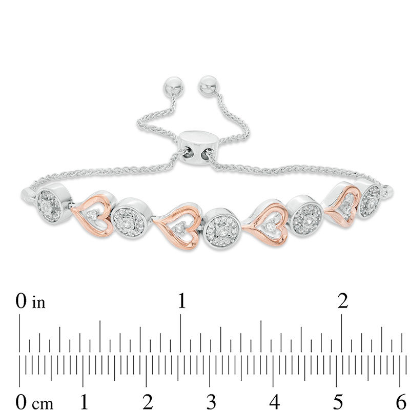 Main Image 3 of 3/8 CT. T.W. Diamond Alternating Circle and Sideways Heart Bolo Bracelet in Sterling Silver and 10K Rose Gold - 9.5"