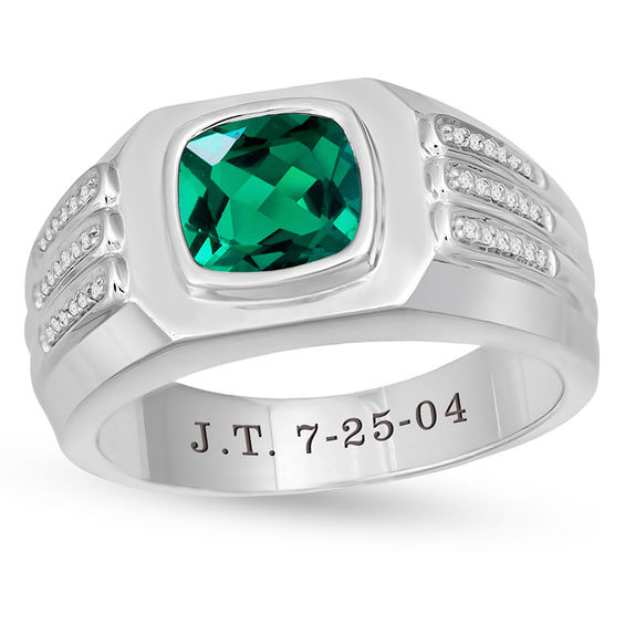 8.0mm Cushion-Cut Birthstone and 1/10 CT. T.w. Diamond Triple Row Signet Ring (1 Stone and Line)