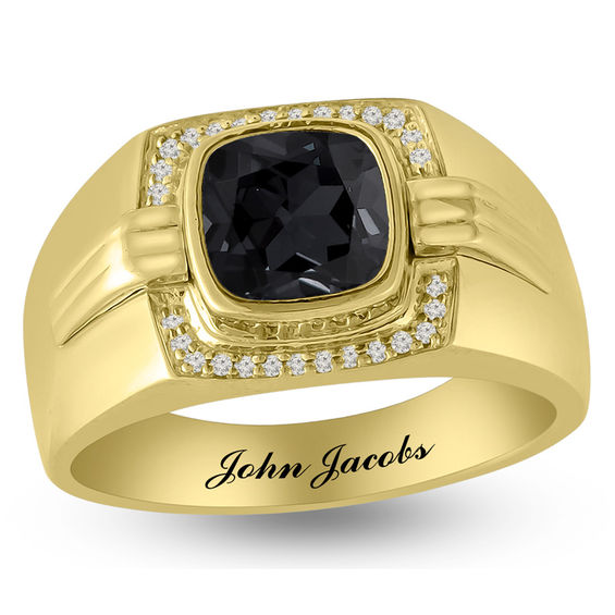 Men's 8.0mm Cushion-Cut Birthstone and 1/15 CT. T.w. Diamond Frame Signet Ring (1 Stone and Line)