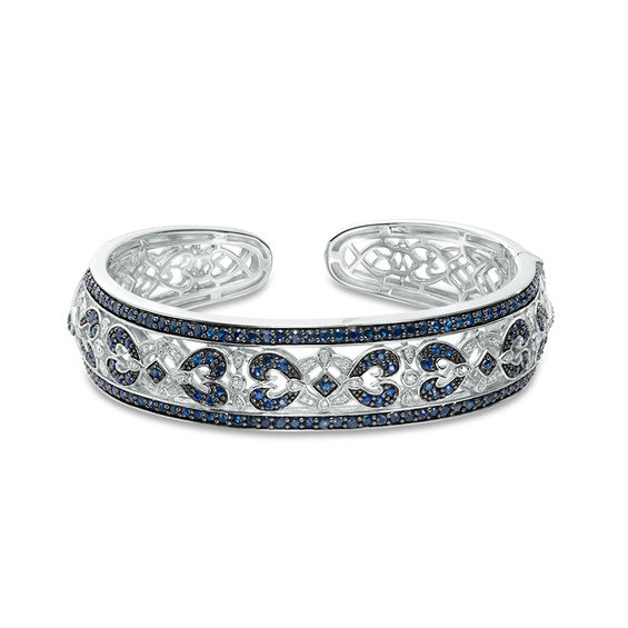 Blue Sapphire and 1/10 CT. T.w. Diamond Vintage-Style Cuff in Sterling Silver