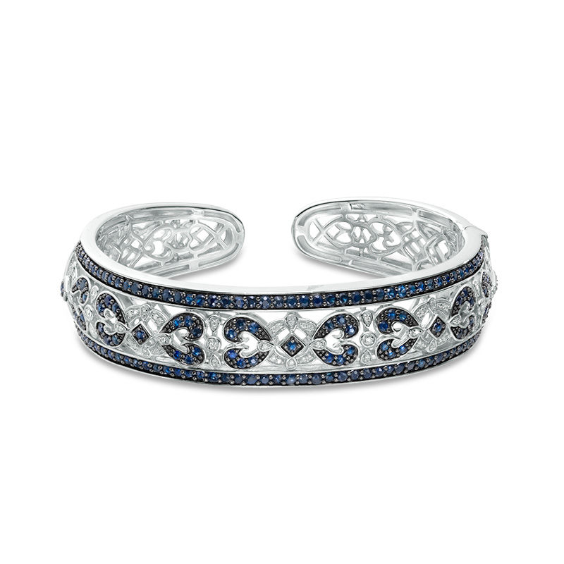 Blue Sapphire and 1/10 CT. T.W. Diamond Vintage-Style Cuff in Sterling Silver