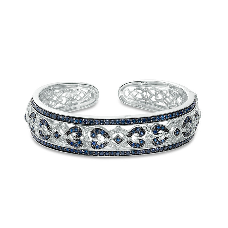 Main Image 1 of Blue Sapphire and 1/10 CT. T.W. Diamond Vintage-Style Cuff in Sterling Silver