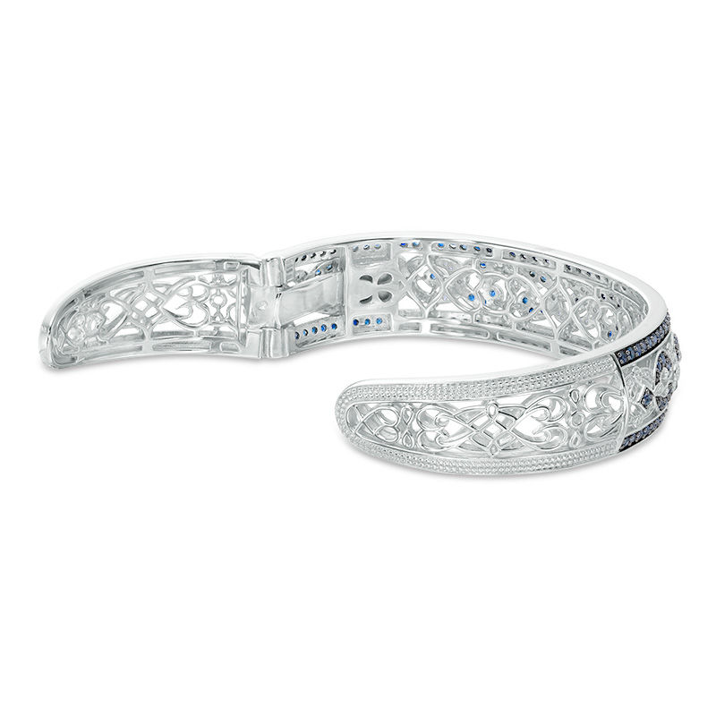 Main Image 2 of Blue Sapphire and 1/10 CT. T.W. Diamond Vintage-Style Cuff in Sterling Silver