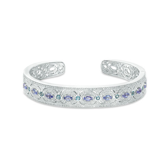 Oval Tanzanite, Swiss Blue Topaz and 1/8 CT. T.w. Diamond Vintage-Style Cuff in Sterling Silver