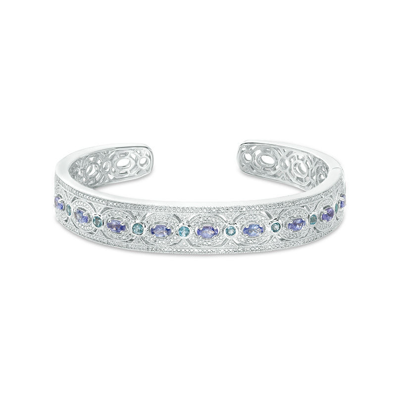 Oval Tanzanite, Swiss Blue Topaz and 1/8 CT. T.W. Diamond Vintage-Style Cuff in Sterling Silver