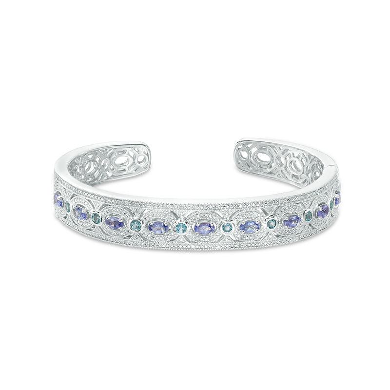 Main Image 1 of Oval Tanzanite, Swiss Blue Topaz and 1/8 CT. T.W. Diamond Vintage-Style Cuff in Sterling Silver