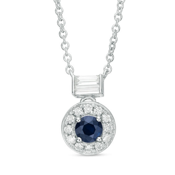 4.0mm Blue Sapphire and 1/6 CT. T.w. Diamond Frame Necklace in 10K White Gold
