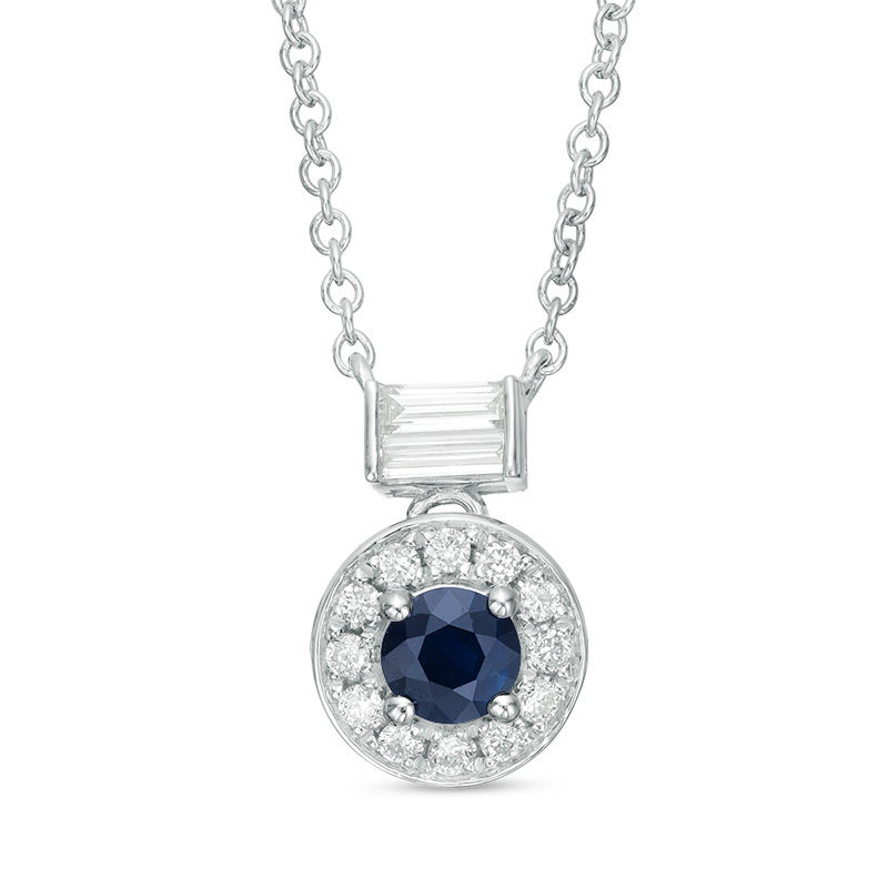 Main Image 1 of 4.0mm Blue Sapphire and 1/6 CT. T.W. Diamond Frame Necklace in 10K White Gold